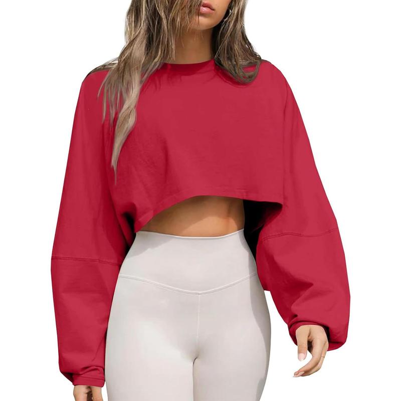 Womens Long Ballon Sleeve Sweatshirts Tops Cropped Crew Neck Loose Fit Casual Workout Shirts