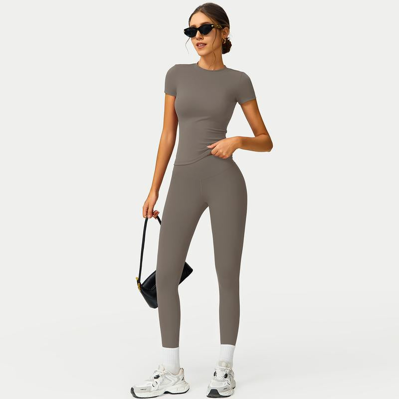 Women's 2-Piece Cherry Print Crew Neck Tee & High-Waist Leggings Set , Extended Hemline, Quick-Dry Snug , Yoga, Gym, Athleisure , Women's Activewear Pilates Outfits Compression Shirts Sweatpants