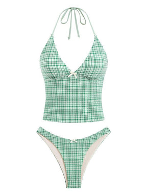 Women's Summer Beach Floral Leaves Halter Tied Tank Style Full Coverage Bikini Tankini Set Two Piece Bathing Suits