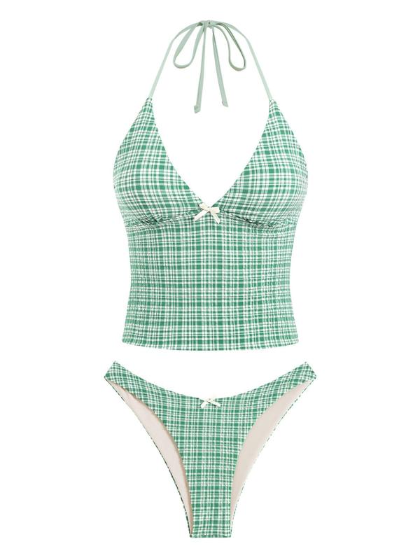Women's Summer Beach Floral Leaves Halter Tied Tank Style Full Coverage Bikini Tankini Set Two Piece Bathing Suits