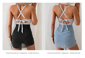 Women Mesh One Piece Swimdress Swimsuit Tummy Control V Neck Cutout Bathing Suit Wrap Drawstring Sarong Swimwear Deals for You Days