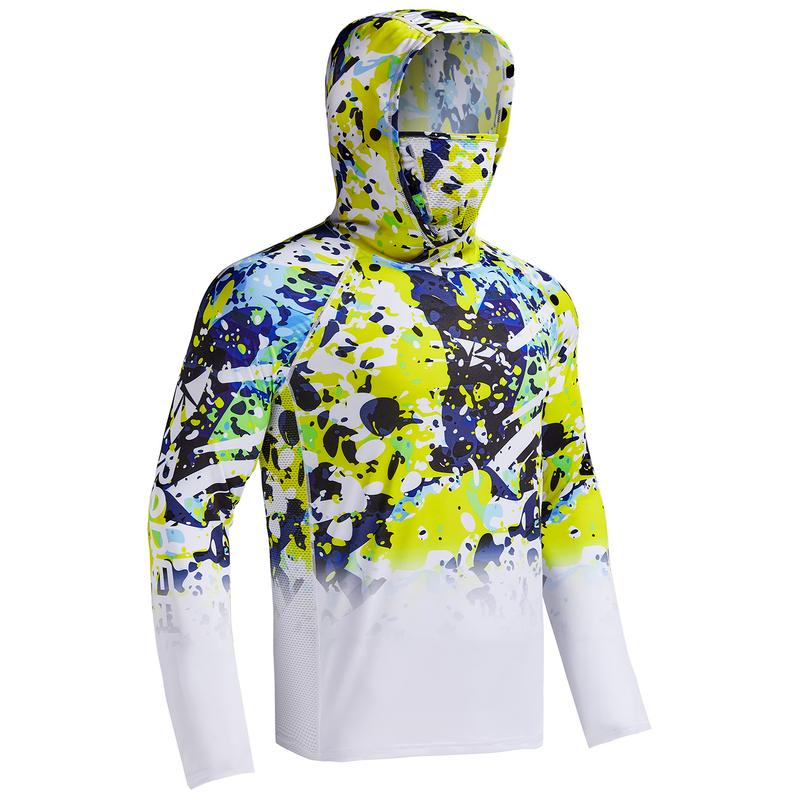 Sun UV Protection Hoodie Shirts, UPF 50+ Men Raglan Long Sleeve Lightweight Quick Dry Breathable Cooling Rash Guard with Mask Neck Gaiter for Outdoor, Hiking, Fishing, Boating, Biking, Sport, Gym, Constructing, Roofing, Landscaping, Gardening 915