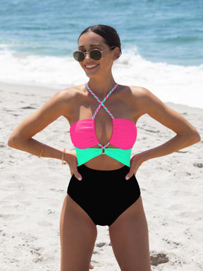 Color Block Front Cutout One Piece Swimsuit,Adjustable Bandage Design Tummy Control Neon Swimsuit for Vacation,dealsforyoudays
