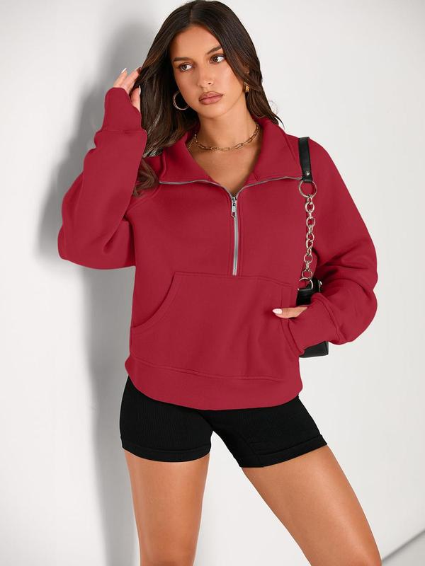 Women's Solid Zip Up Thermal Lined Sporty Sweatshirt, Athletic Sporty Long Sleeve Kangaroo Pocket Pullover for Fall & Winter, Women's Sportswear for Indoor Outdoor Wear, Athleisure Style Workout Tops, Casual Sports Top, Athletic Training Apparel