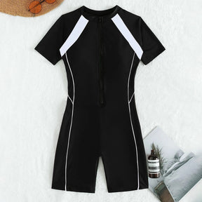 Female Summer One-piece Solid Color Patchwork Flat Angle Short Sleeved Zippered Swimsuit Sun Protection Quick-Drying Swimwear