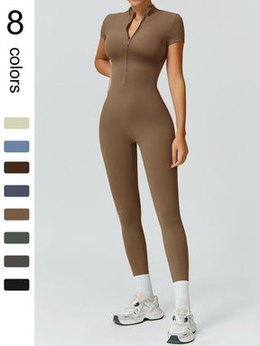 Women's High Elastic Soft Collar Half-zip Tight Waist Tight Hip Yoga Suit Outdoor Running, Cycling, Mountaineering, Walking, Naked Body Clothes Gym Sports Training All-match Short-sleeved Pants, Workout Gym Clothing, Sportswear Jumpsuits