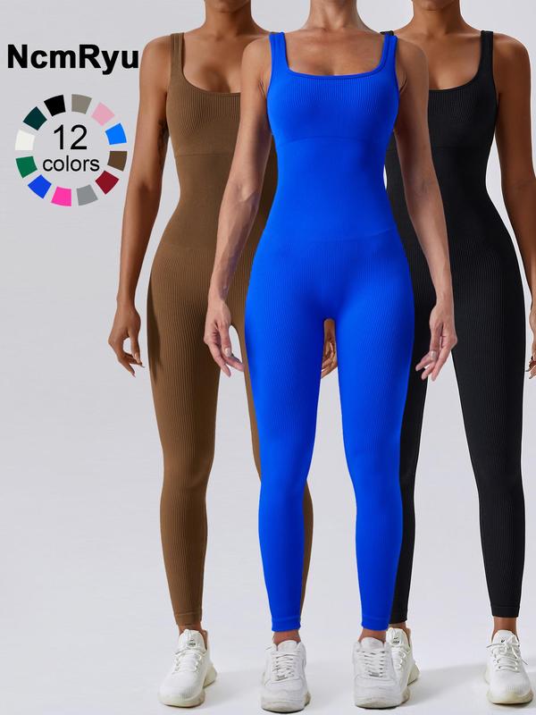 Women's Seamless One-Piece Hip Lift Crew Neck Tummy Control Jumpsuit with Tank Top, Tummy Control Dance & Fitness & Workout Set, Stretch Sportswear for Outdoor Activities, Yoga Jumpsuit