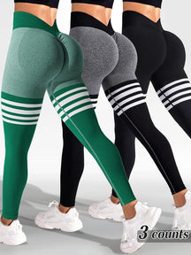 Sporty Women's Striped Print Ruched V-waist Back Sports Leggings, High Stretch Seamless Yoga Leggings, Ladies Sportswear for Indoor Outdoor Wear, Tummy Control Leggings, Legging Pants, Legging Fitness, Gym Yoga Clothing