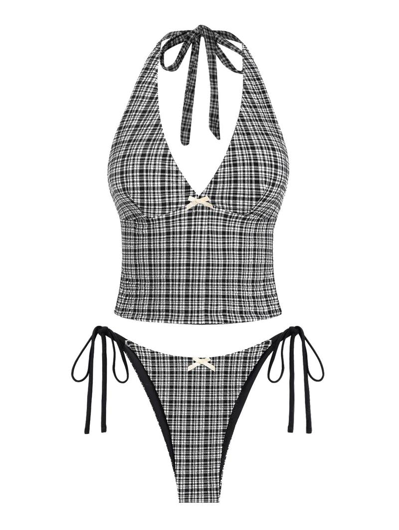 Women's Summer Beach Floral Leaves Halter Tied Tank Style Full Coverage Bikini Tankini Set Two Piece Bathing Suits