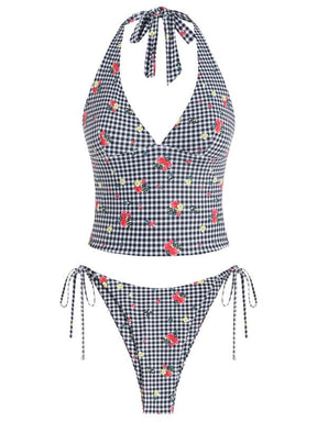 Women's Summer Beach Floral Leaves Halter Tied Tank Style Full Coverage Bikini Tankini Set Two Piece Bathing Suits