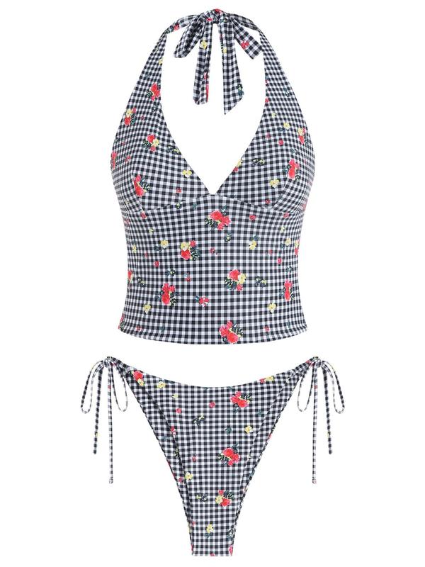 Women's Summer Beach Floral Leaves Halter Tied Tank Style Full Coverage Bikini Tankini Set Two Piece Bathing Suits