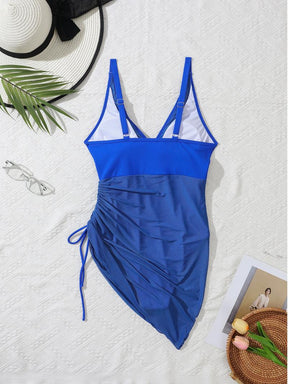 Women's Solid Color Sheer One-piece Swimsuit, Casual Sleeveless Deep V Neck Tummy Control Swimwear for Beach Holiday Vacation, Ladies Swimsuit for All Seasons, Sleeveless Swimsuits, Summer Swimsuit, Spaghetti Strap Swimsuit, Ruched Swimsuit