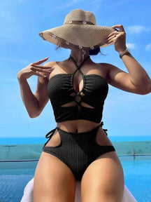 Women's Criss Cross Cut Out Ruched Ribbed Bikini Set, Solid Tie Back Halter Swim Top & High Waist Tie Side Swim Bottom, Bathing Suits for Summer Two Piece Set Women, Swimsuit for Women, Bikinis Sets, Swimwear Set