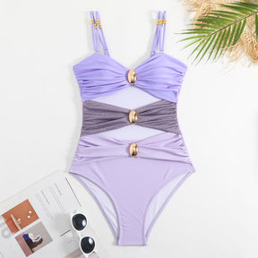 Women’s Metal Design 2 Piece Cut Out Color Block Sexy Swimsuit With Cover Up Skirt
