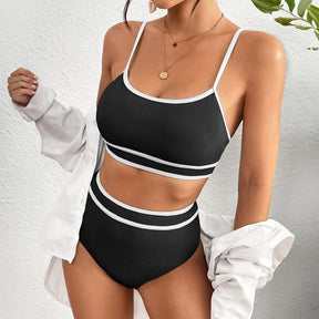 Women's Ribbed Bikini Sets Color Block Swimsuit High Waisted Bathing Suit Swimming Clothing Beach Water Sports Swimwear
