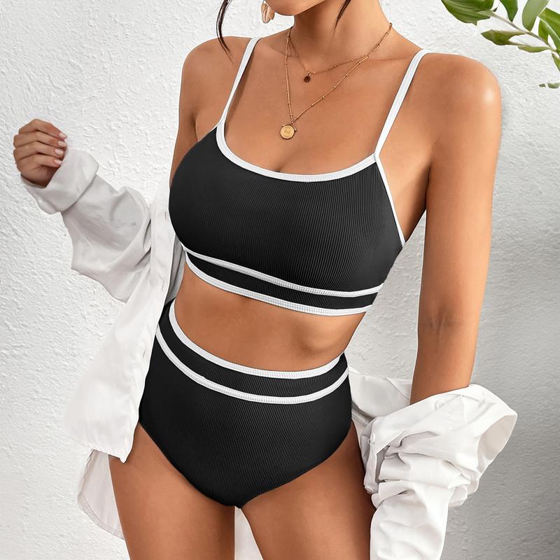 Women's Ribbed Bikini Sets Color Block Swimsuit High Waisted Bathing Suit Swimming Clothing Beach Water Sports Swimwear
