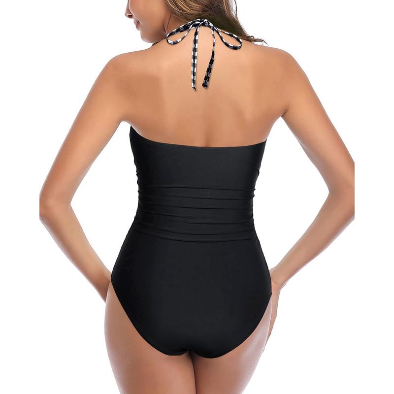 Women Sexy Cutout One Piece Swimsuits Tummy Control High Waisted Halter Front Tie Knot Bathing Suit Plus Size Full Coverage Swimsuit for Women