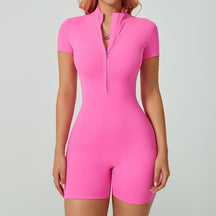 Women's Solid Zipper Mock Neck Sports Romper,  Summer Clothes Women, Casual Sporty Activewear One-piece Sports Romper for Yoga Gym Workout Running