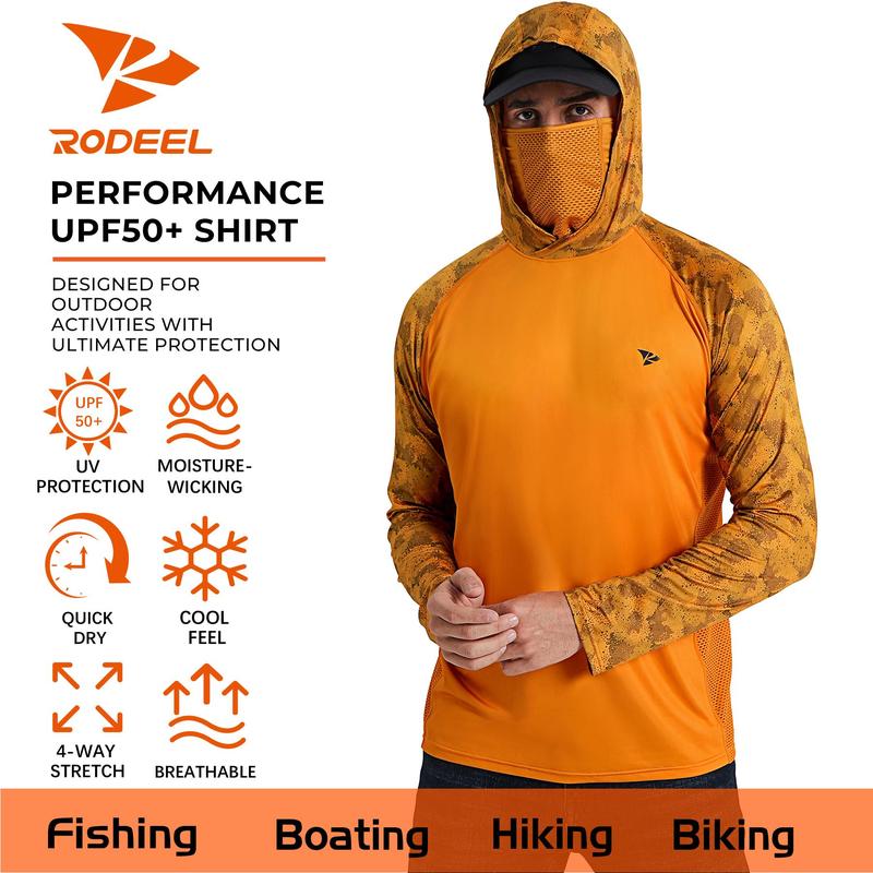 Sun UV Protection Hoodie Shirts, UPF 50+ Men Raglan Long Sleeve Lightweight Quick Dry Breathable Cooling Rash Guard with Mask Neck Gaiter for Outdoor, Hiking, Fishing, Boating, Biking, Sport, Gym, Constructing, Roofing, Landscaping, Gardening 915