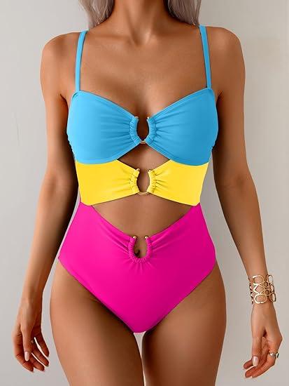 One Piece Swimsuit for Women Ring Linked Monokini Sexy Bathing Suit Cutout Swim Suit Outdoorfun