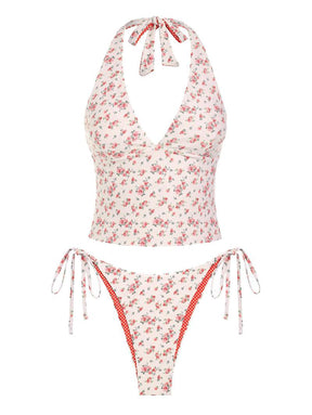 Women's Summer Beach Floral Leaves Halter Tied Tank Style Full Coverage Bikini Tankini Set Two Piece Bathing Suits