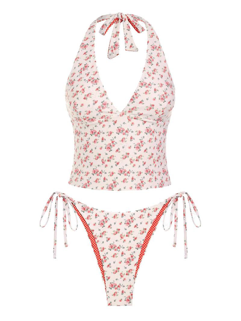 Women's Summer Beach Floral Leaves Halter Tied Tank Style Full Coverage Bikini Tankini Set Two Piece Bathing Suits