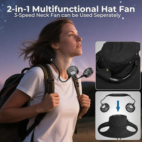 AMACOOL 2-in-1 Hands-Free Hat Fan with Detachable Neck Fan, Wide Brim Sun Hat, 3-Speed, 2600mAh Rechargeable for Outdoor Fishing Camping Beach Travel Back to School Gift
