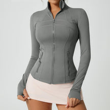 Women's Solid Color Multi-Functional Paneled Zippered Sports Yoga Jacket,gym workouts, badminton, and casual exercise. workout clothes women Design
