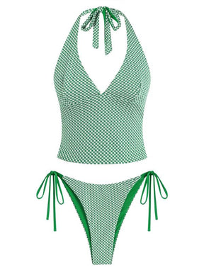Women's Summer Beach Floral Leaves Halter Tied Tank Style Full Coverage Bikini Tankini Set Two Piece Bathing Suits