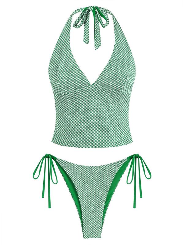 Women's Summer Beach Floral Leaves Halter Tied Tank Style Full Coverage Bikini Tankini Set Two Piece Bathing Suits