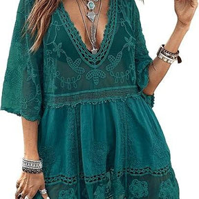 Women's Contrast Lace Bathing Suit Cover Up V-Neck Swimsuit Coverups Loose Swimwear Beach Dress Beachwear Deals for You Days