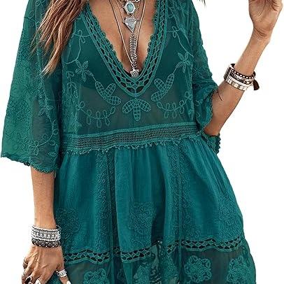 Women's Contrast Lace Bathing Suit Cover Up V-Neck Swimsuit Coverups Loose Swimwear Beach Dress Beachwear Deals for You Days