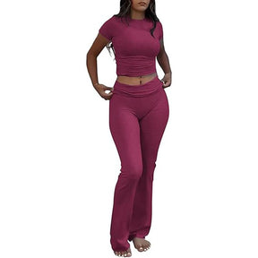 Yoga Women's two-piece casual wear slim fit short sleeved top, low waist bell bottom pants tight pants set, yoga sportswear set, yoga suit, sportswear, slim fit set, fitness set, pajamas set   tracksuits men Loungewear Womenswear Outfit