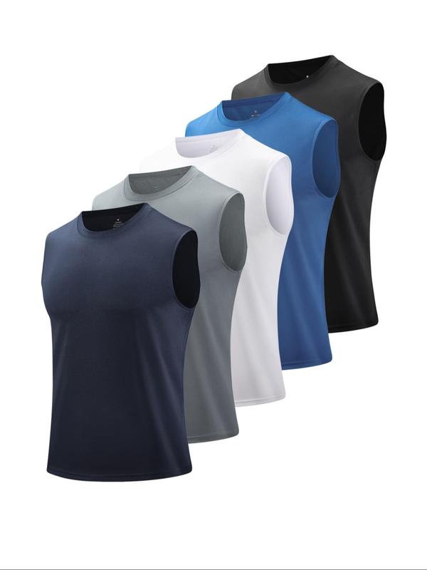 Men's Solid Round Neck Sports Vest, Breathable Comfortable Quick Drying Tank Top for Running Outdoor Exercise Basketball Training, Sport & Outdoor Clothing for Summer, Gym Casual Wear, Sleeveless Sports Vest