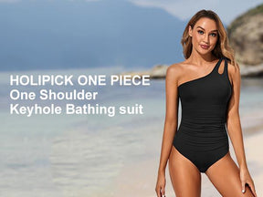 One Shoulder One Piece Swimsuit for Women Comfortable Tummy Control Bathing Suits Modest Full Coverage Keyhole Swimwear Beach Swimming Clothing