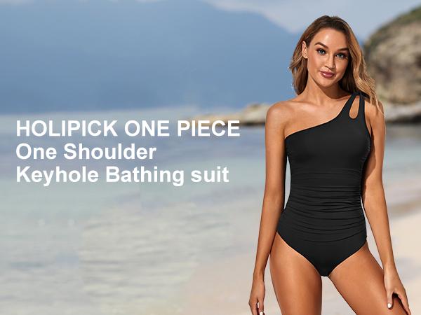 One Shoulder One Piece Swimsuit for Women Comfortable Tummy Control Bathing Suits Modest Full Coverage Keyhole Swimwear Beach Swimming Clothing