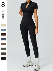 Women's High Elastic Soft Collar Half-zip Tight Waist Tight Hip Yoga Suit Outdoor Running, Cycling, Mountaineering, Walking, Naked Body Clothes Gym Sports Training All-match Short-sleeved Pants, Workout Gym Clothing, Sportswear Jumpsuits
