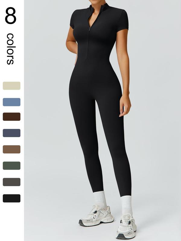Women's High Elastic Soft Collar Half-zip Tight Waist Tight Hip Yoga Suit Outdoor Running, Cycling, Mountaineering, Walking, Naked Body Clothes Gym Sports Training All-match Short-sleeved Pants, Workout Gym Clothing, Sportswear Jumpsuits