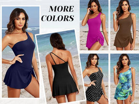 Women One Piece Swim Dress One Shoulder Swimsuit with Skirt Tummy Control Swimdress Swimming Bathing Suit  dealsforyoudays