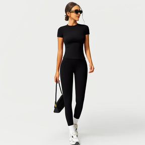 Women's 2-Piece Cherry Print Crew Neck Tee & High-Waist Leggings Set , Extended Hemline, Quick-Dry Snug , Yoga, Gym, Athleisure , Women's Activewear Pilates Outfits Compression Shirts Sweatpants