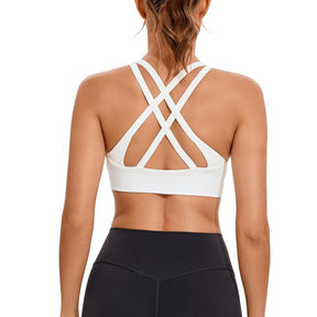 Women's High Support Sports Bra - Criss-Cross Back, Removable Cups, Medium Support, Ultra-Stretch, Moisture-Wicking, Seamless Ribbed Knit Yoga Bra with Naked Feeling