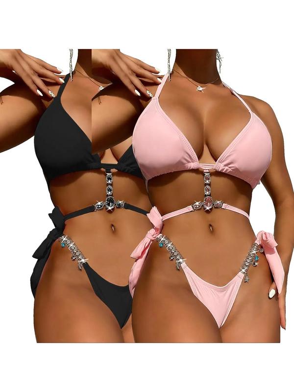 Women's Halter Tie Back Triangle Bra & Ring Linked Panty Bikini Set, Sexy Trendy Summer Swimsuit Set, Ladies Swimwear Rave Outfits, Beach Bikini Set, Halter Bathing Suit, Halter Swim Top, Halter Bikini Sets