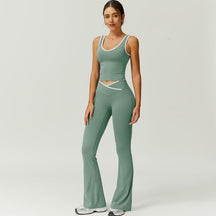 Color Block U-Neck Piped Tank & Bell Bottom Set , Stretch Fabric, Flared Fit , Yoga, Gym, Outdoor & Daily Athleisure , Wome Stylish Activewearn's Summer Lounge Sweatsuits Sleeveless Exercise