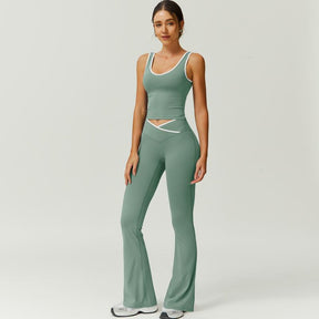 Color Block U-Neck Piped Tank & Bell Bottom Set , Stretch Fabric, Flared Fit , Yoga, Gym, Outdoor & Daily Athleisure , Wome Stylish Activewearn's Summer Lounge Sweatsuits Sleeveless Exercise
