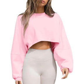 Womens Long Ballon Sleeve Sweatshirts Tops Cropped Crew Neck Loose Fit Casual Workout Shirts
