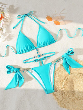 Women's Halter Tie Back Triangle Bra & Ring Linked Panty Bikini Set, Sexy Trendy Summer Swimsuit Set, Ladies Swimwear Rave Outfits, Beach Bikini Set, Halter Bathing Suit, Halter Swim Top, Halter Bikini Sets