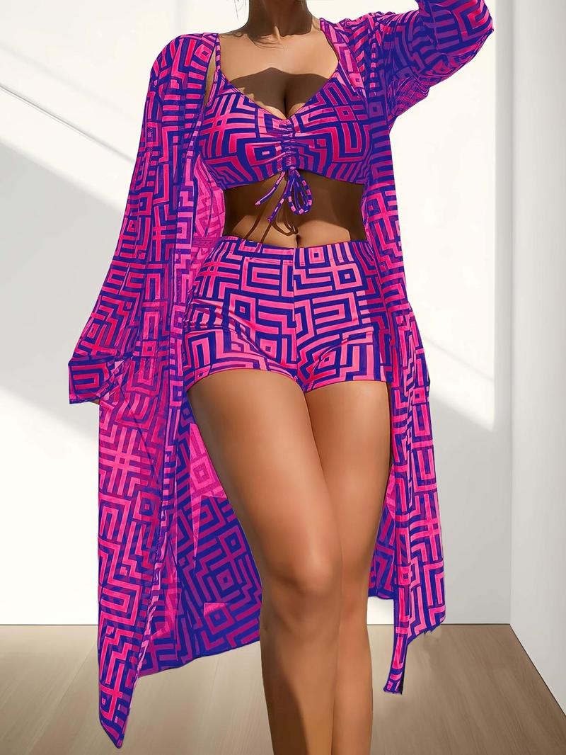 Three-piece Set Women's Geometric Print Drawstring Swimsuit Set, Bikini Sets, Ladies Swimwear for All Seasons, Bikini Top Trunks, Bikini Outfits, Beach Ready, Beachwear, Summer Swimsuit Set, Bikini Bottom