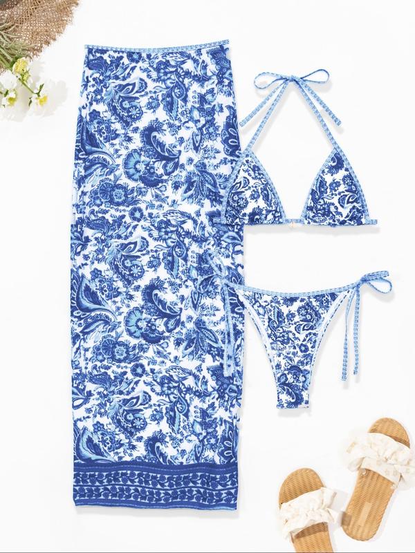 Women's Floral Print Halter Bikini Set, Casual Tie Back Contrast Mesh Swim Top & Tie Side Swim Bottom & Cover Up Skirt Set, Ladies Swimsuit for Beach Holiday Vacation, Bikinis Sets, Halter Top Swimwear, Bikini Outfits, Floral Tropical Bikini