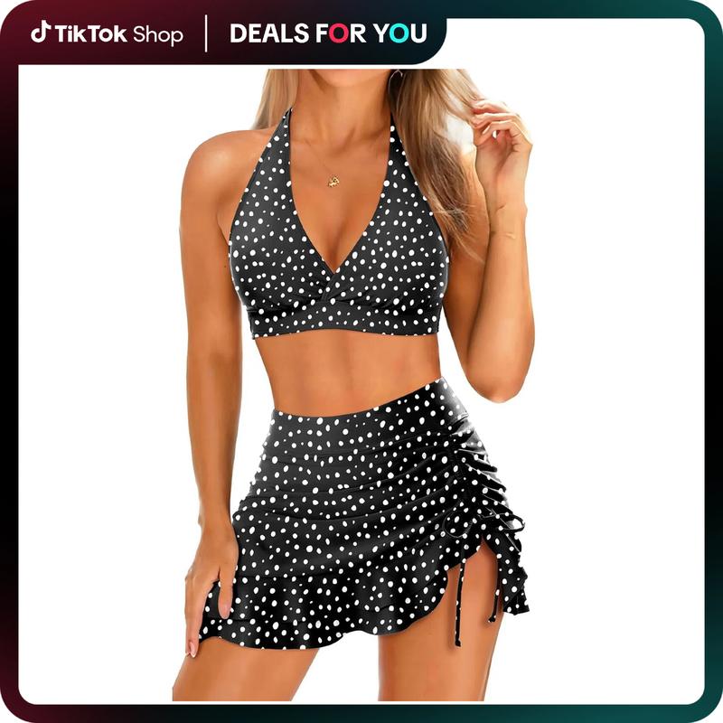 Womens High Waisted Bikini with Skirt Two Piece Swimsuit with Tummy Control Halter Bathing Suit V Neck Bikini Top with Built-in Bottom Bikini Skirt Full Coverage Bikini  dealsforyoudays