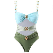 Women’s Metal Design 2 Piece Cut Out Color Block Sexy Swimsuit With Cover Up Skirt